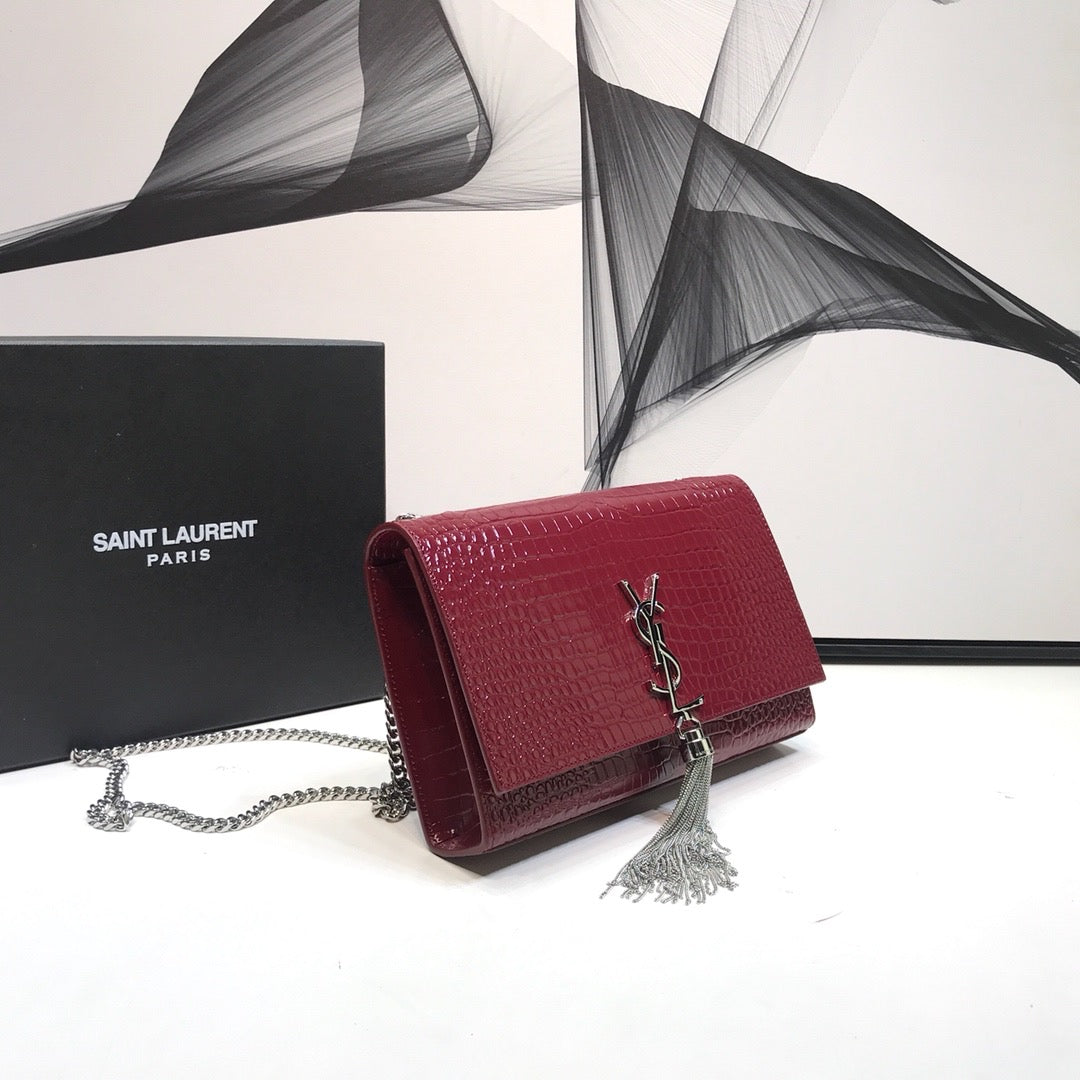 YSSL Kate Medium Chain Bag With Tassel In Shiny-Embossed Burgundy For Women 9in/24cm 