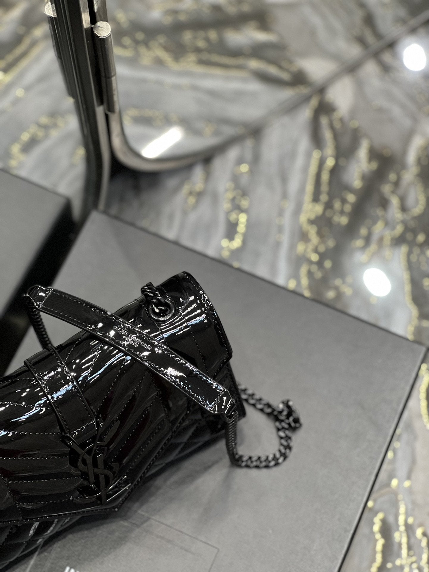 YSSL Envelope Small Bag Black In Mix Matelassé Grain De Poudre Embossed Material For Women 8in/21cm YSL