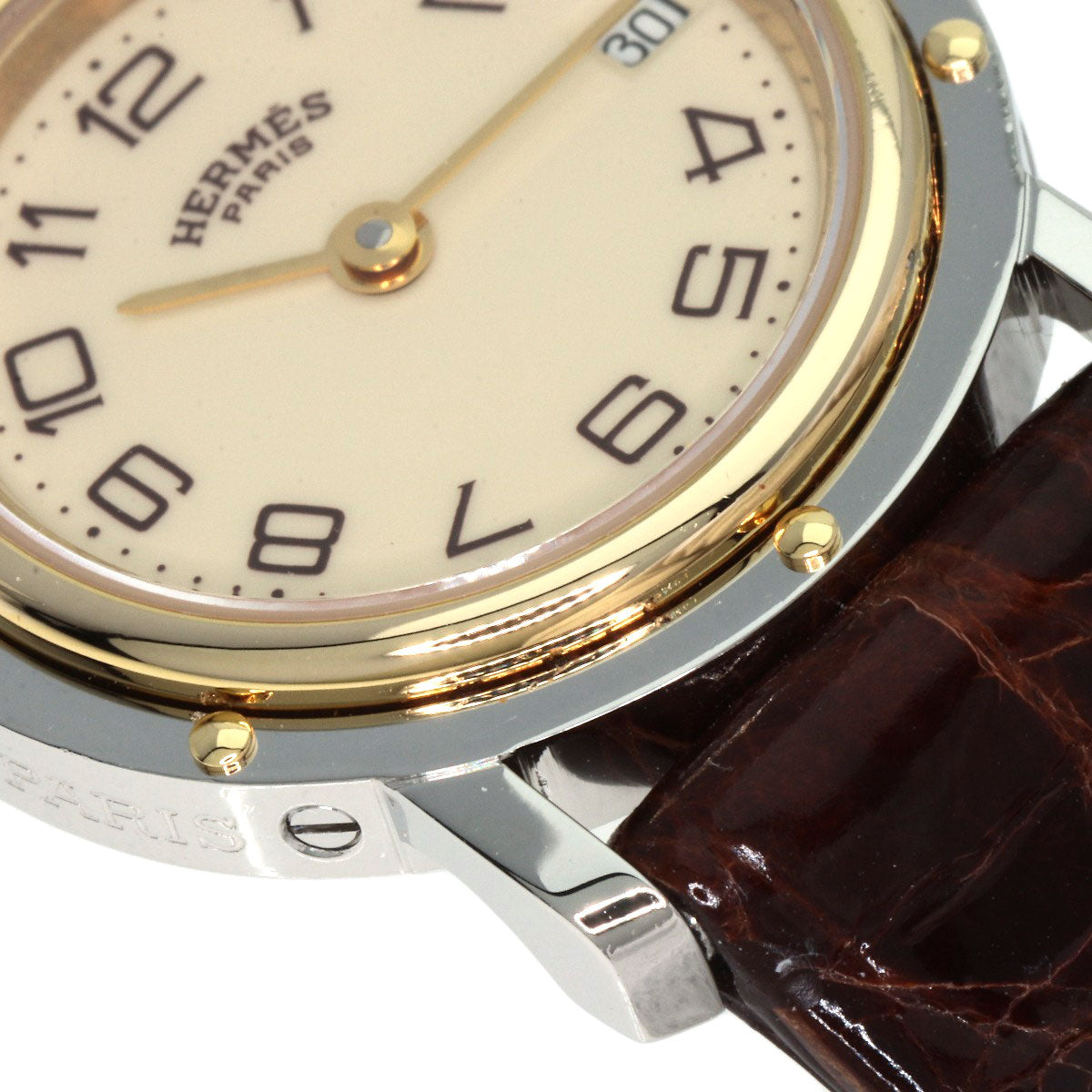 HERMES Watches Quartz Stainless Steel, Leather gold Clipper Ivory dial Women  d