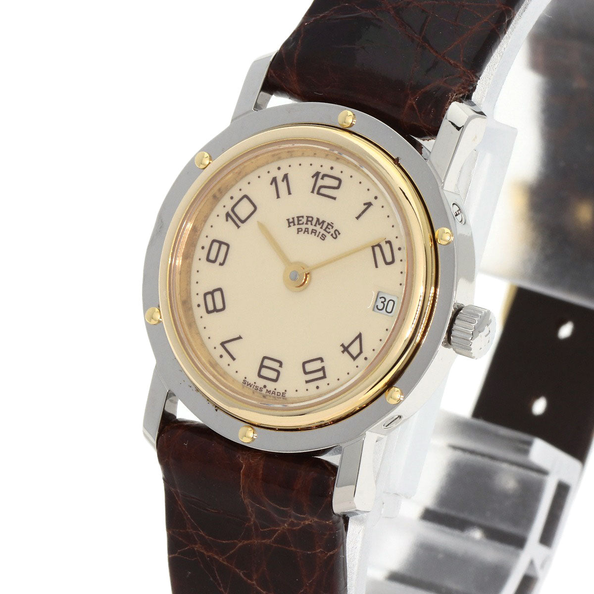 HERMES Watches Quartz Stainless Steel, Leather gold Clipper Ivory dial Women  d