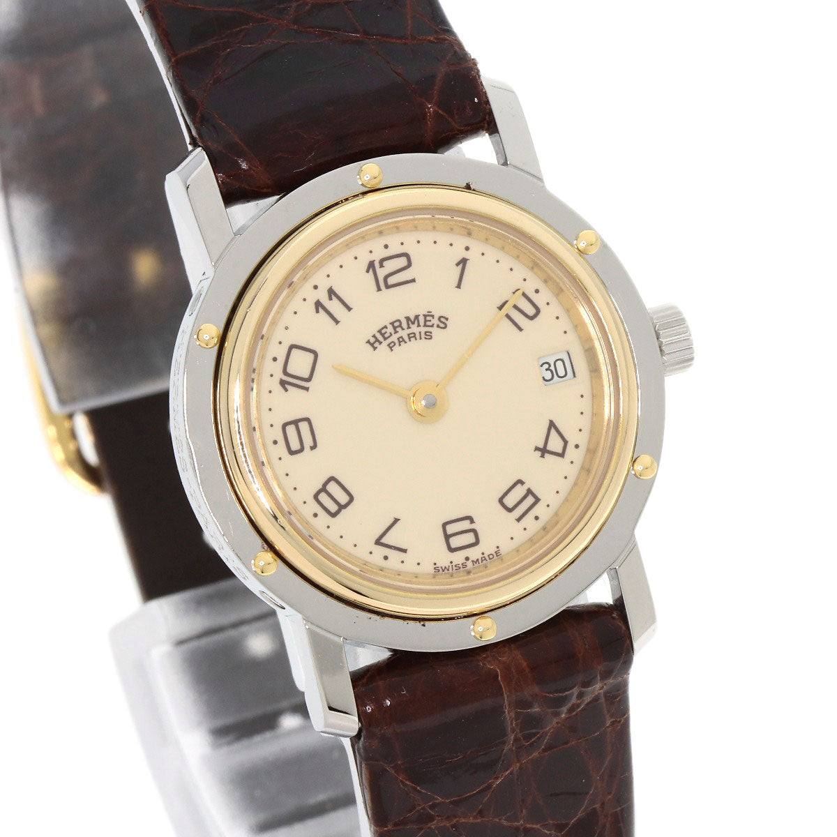 HERMES Watches Quartz Stainless Steel, Leather gold Clipper Ivory dial Women  d