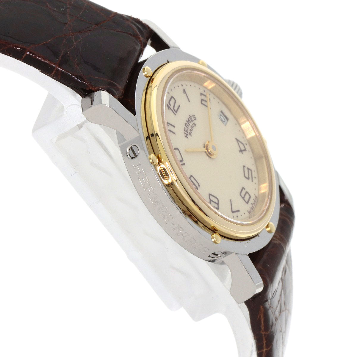 HERMES Watches Quartz Stainless Steel, Leather gold Clipper Ivory dial Women  d