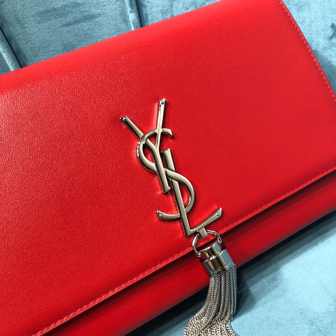 Top Quality Kate MeTop Qualityum Chain Bag With Tassel In Grain De Poudre Red For Women 9.4in/24cm YSL