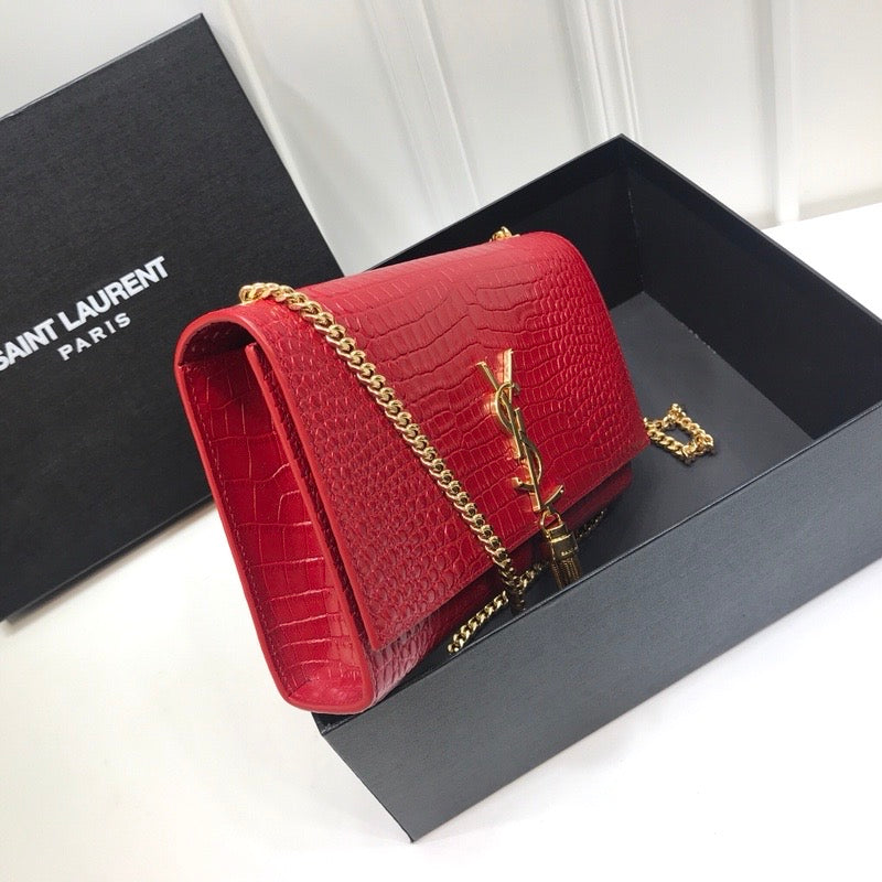 Top Quality Kate MeTop Qualityum Chain Bag With Tassel In Embossed CrocoTop Qualityle Red For Women 9.4in/24cm YSL
