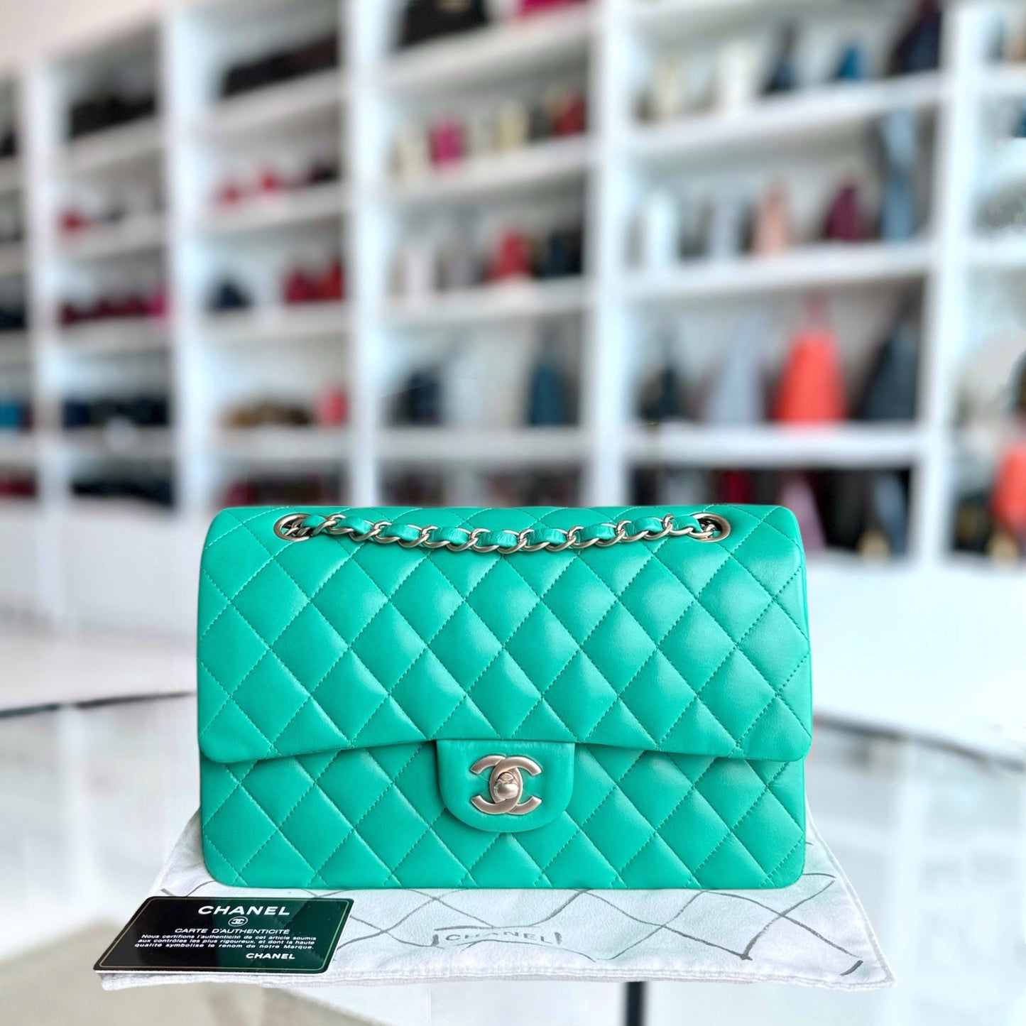 Chanel Classic Flap Medium - 25CM Quilted Lambskin Green Gold Hardware Series 18