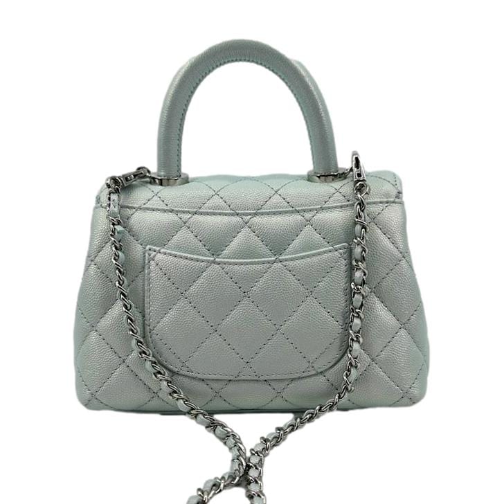 CHANEL Coco Extra Mini Top Handle Iridescent Caviar Leather Crossbody Bag Light Blue