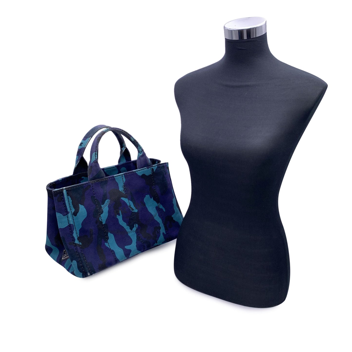 PRADA Blue Camouflage Canvas Canapa Logo Tote Bag