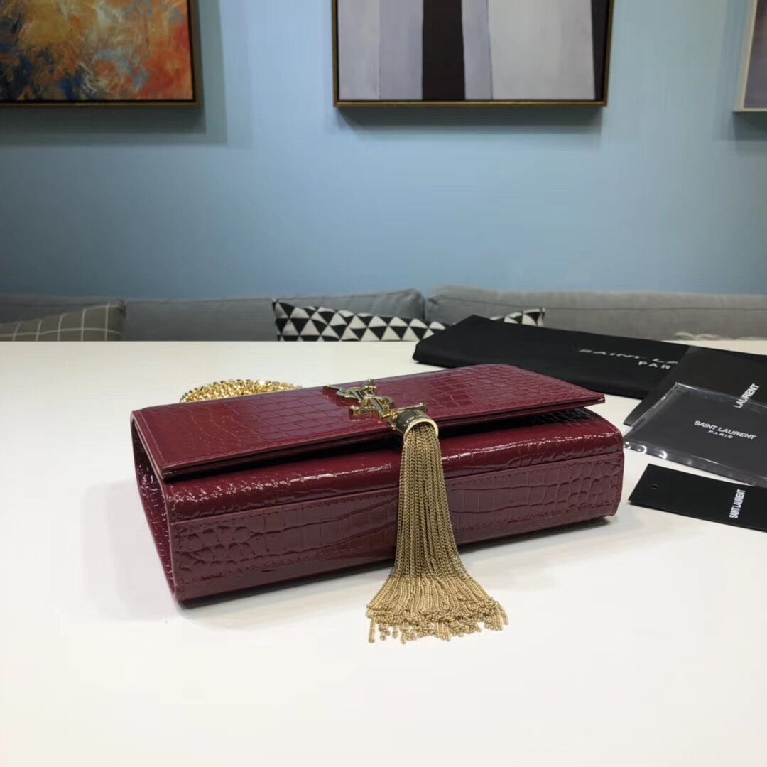 Top Quality Kate Small Chain Bag With Tassel In Embossed Burgundy For Women 7.8in/20cm YSL 