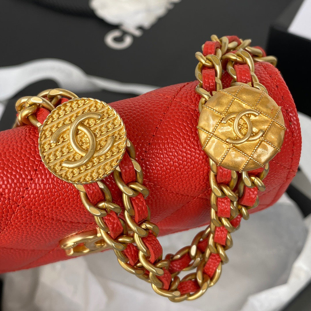 CHL Clutch With Chain Gold Hardware Grained Shinny Red For Women Handbags, Shoulder Bags 4.7in/12cm AP2857