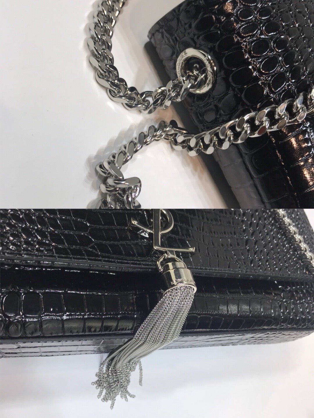 Top Quality Kate MeTop Qualityum Chain Bag With Tassel In Embossed CrocoTop Qualityle Black For Women 9.4in/24cm YSL 354119DND0N1000