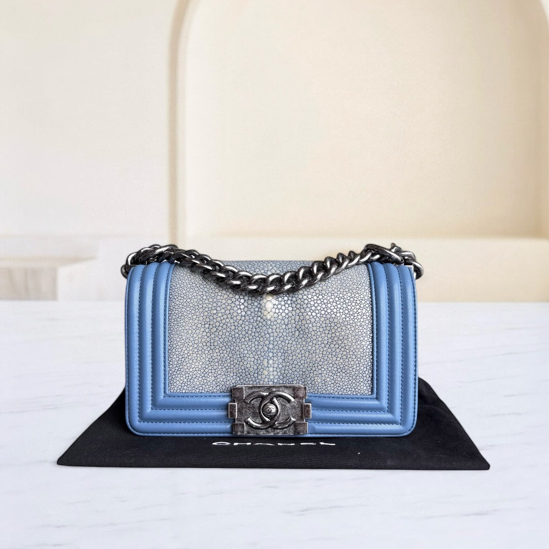 Chanel Boy Small - Stingray Light Blue Ruthenium Silver Hardware Series 22