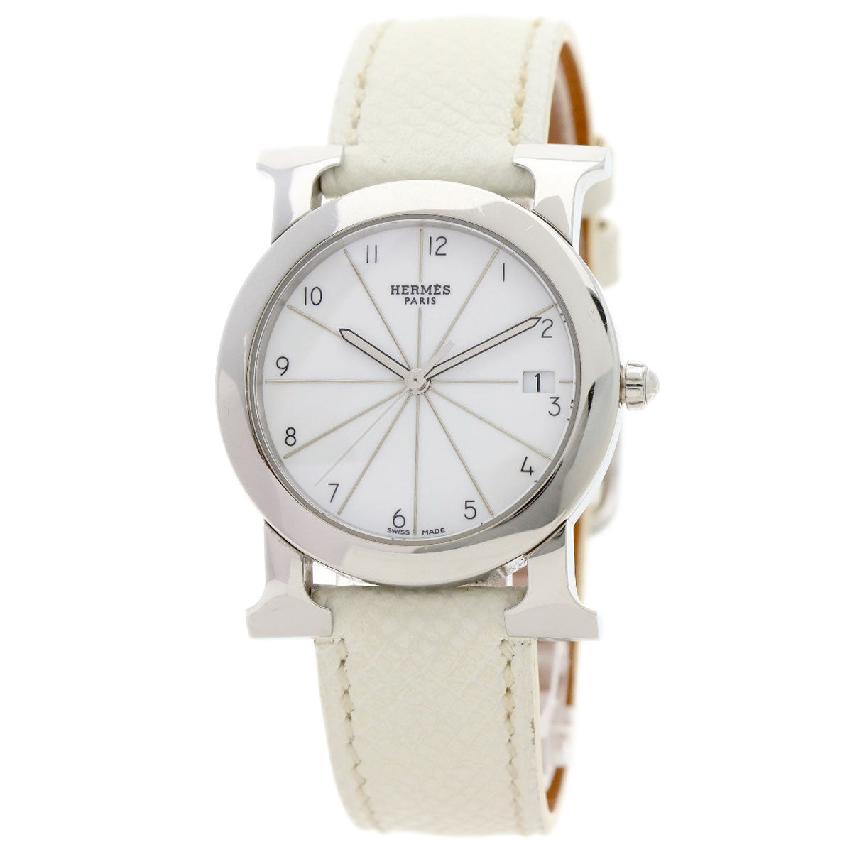 HERMES Watches Quartz HR1.510 Stainless Steel, Leather Silver H watch Rondo white dial Women  d