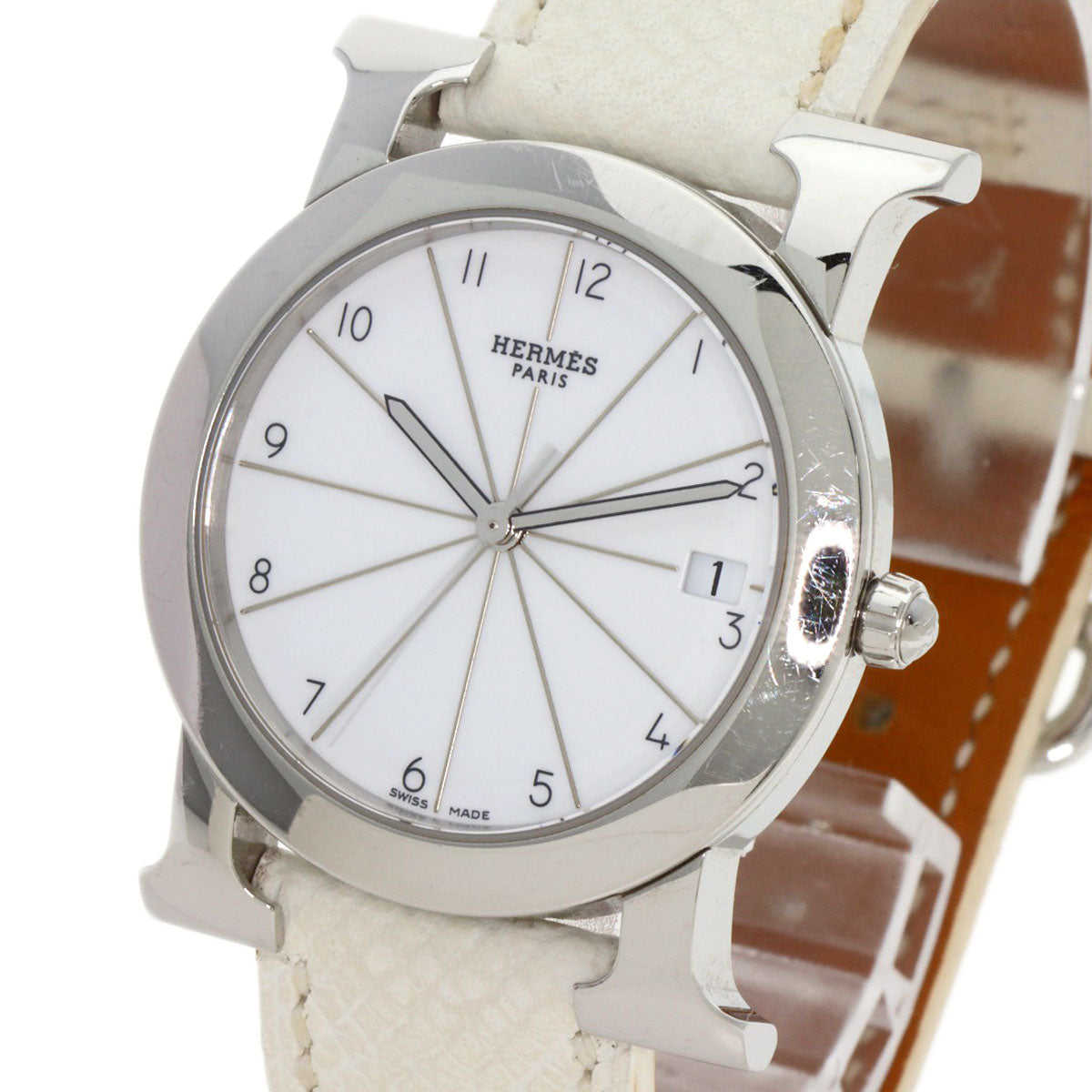 HERMES Watches Quartz HR1.510 Stainless Steel, Leather Silver H watch Rondo white dial Women  d