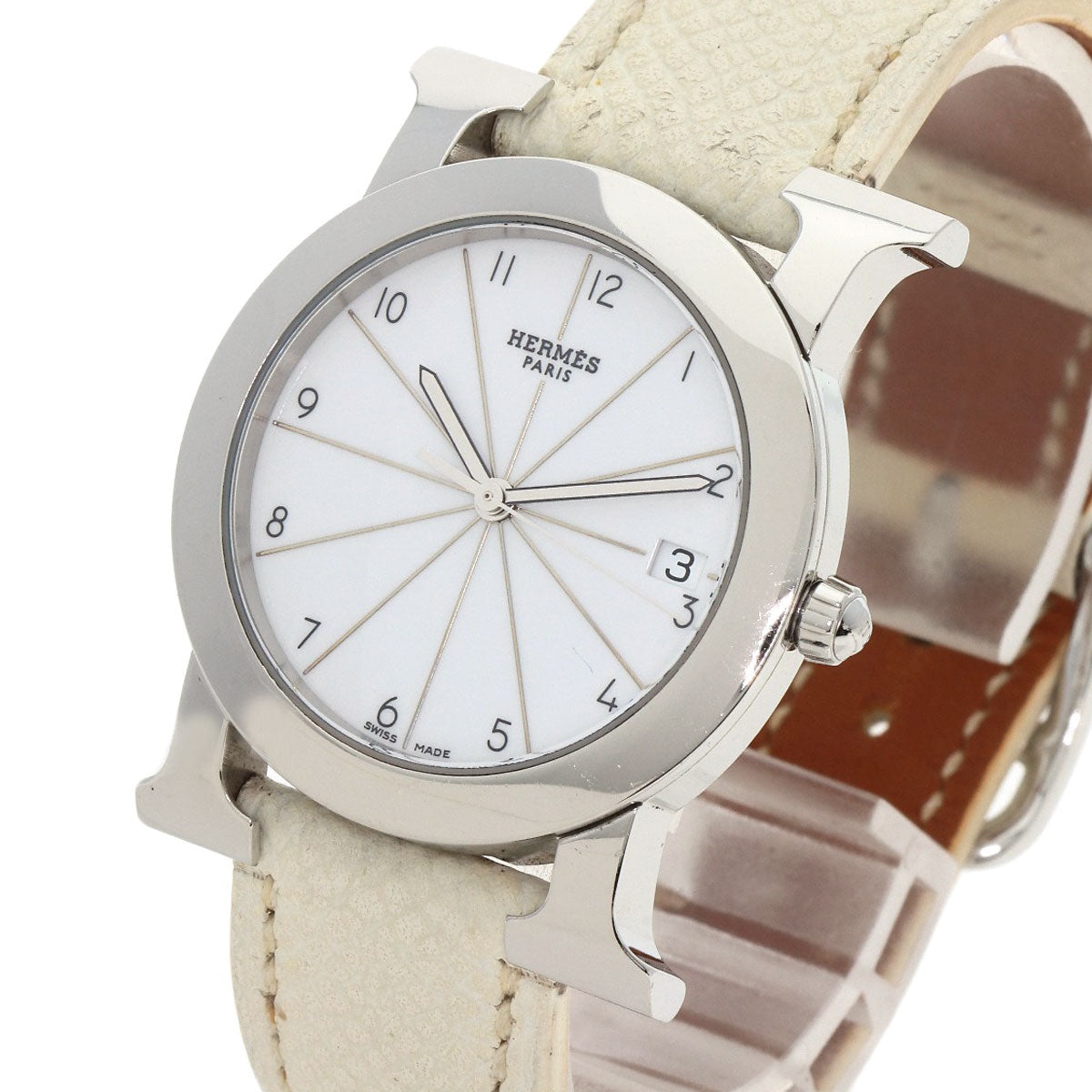 HERMES Watches Quartz HR1.510 Stainless Steel, Leather Silver H watch Rondo white dial Women  d