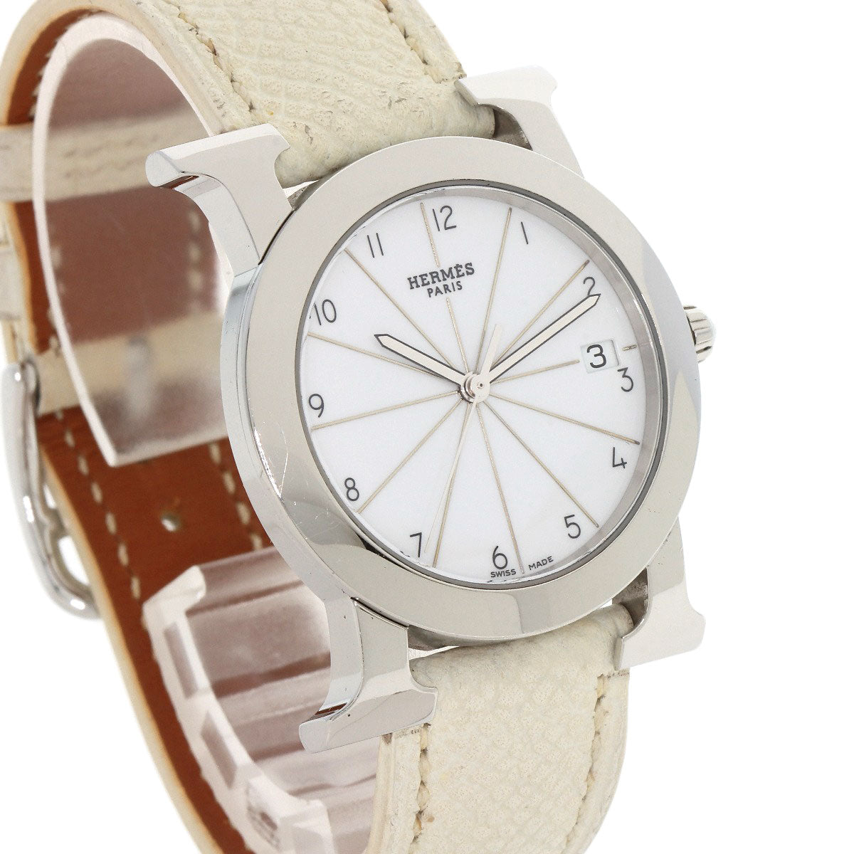HERMES Watches Quartz HR1.510 Stainless Steel, Leather Silver H watch Rondo white dial Women  d