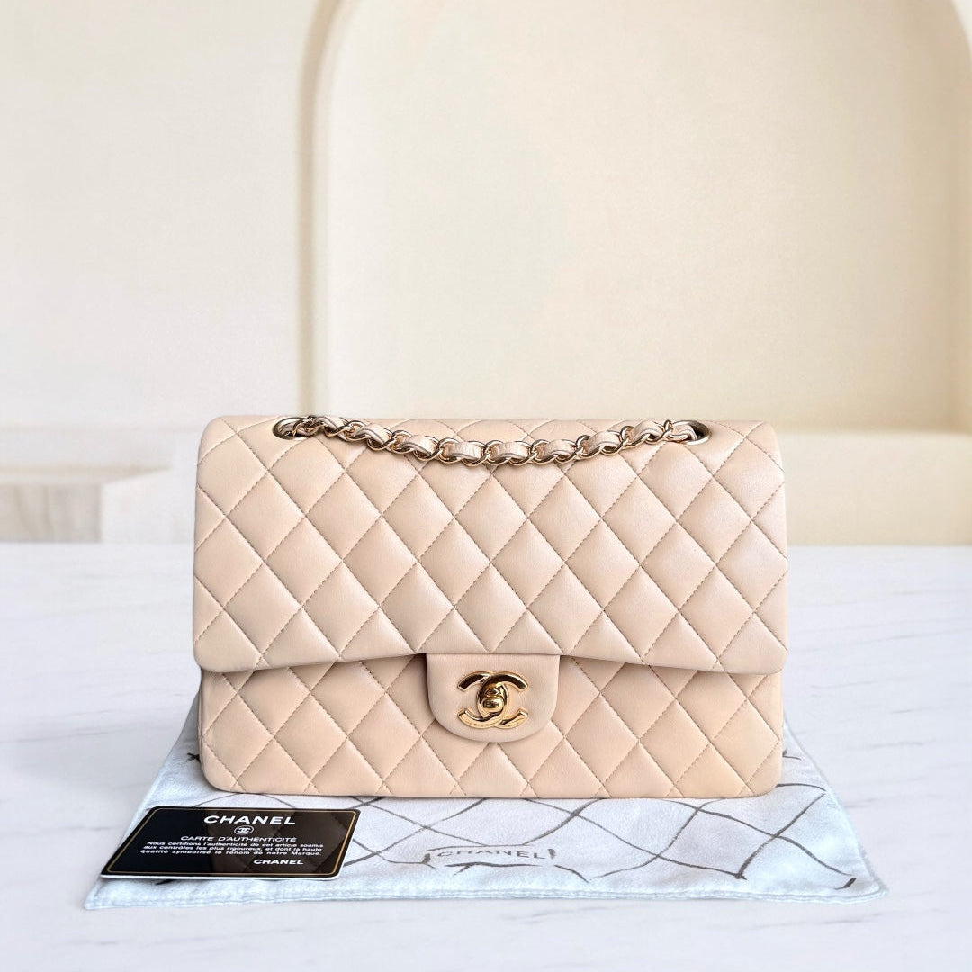 Chanel Classic Flap Medium - 25CM Quilted Lambskin Beige Gold Hardware Series 13