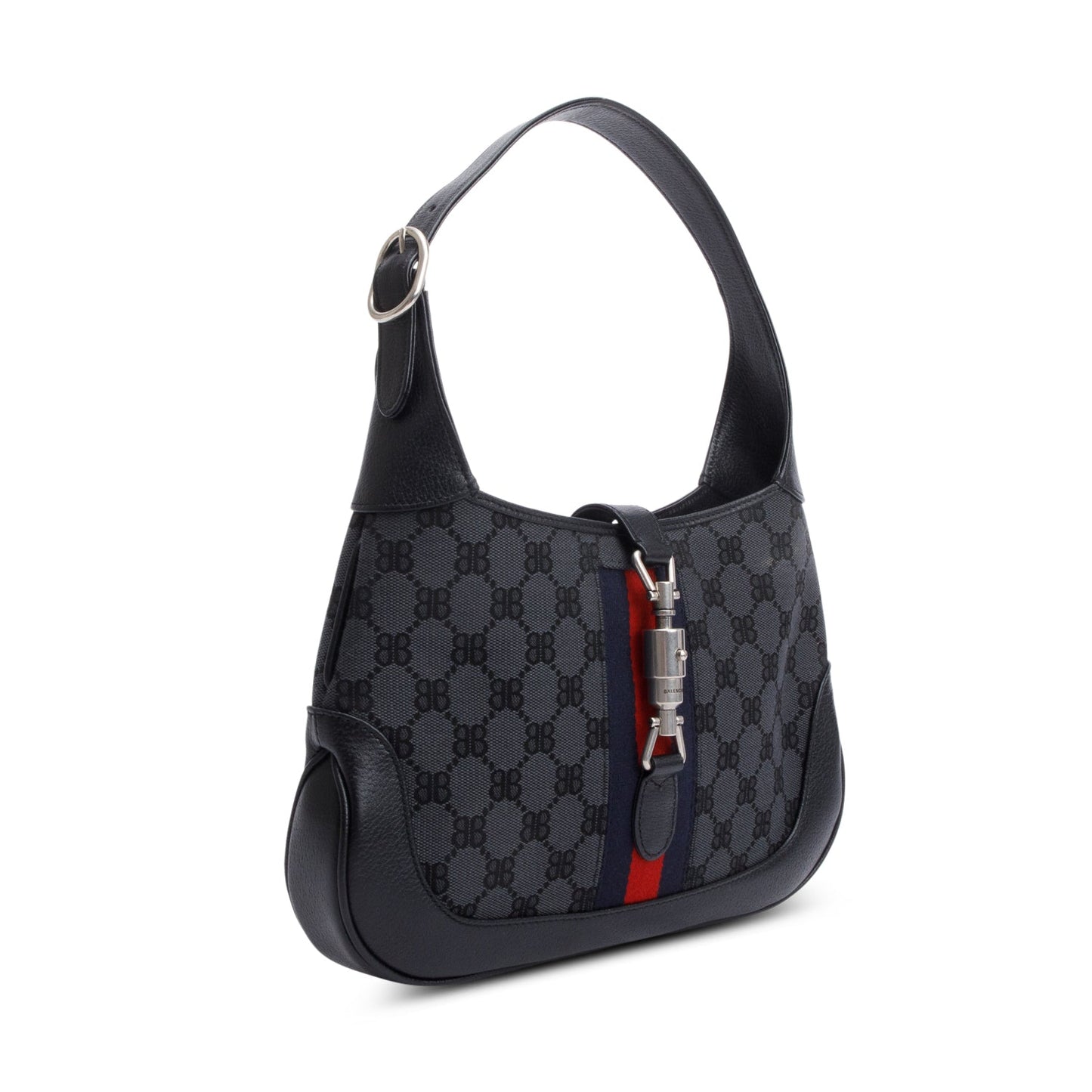 Gucci X Balenciaga BB Supreme Monogram Canvas & Black Calfskin Leather Web Small Jackie 1961 Hobo