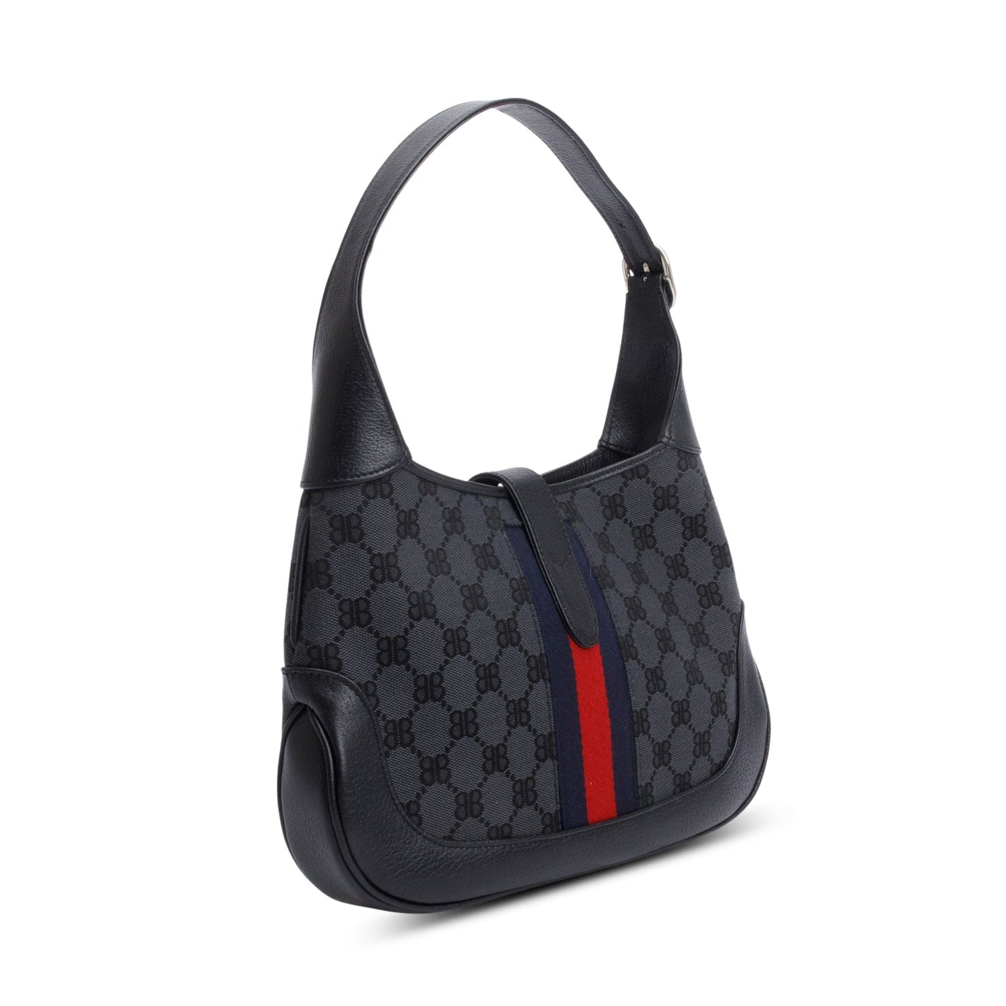 Gucci X Balenciaga BB Supreme Monogram Canvas & Black Calfskin Leather Web Small Jackie 1961 Hobo