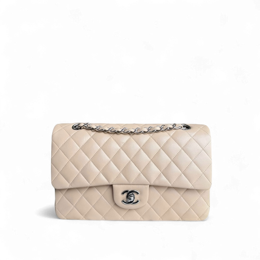 Chanel Classic Flap Medium - 25CM Quilted Lambskin Beige Silver Hardware Series 14