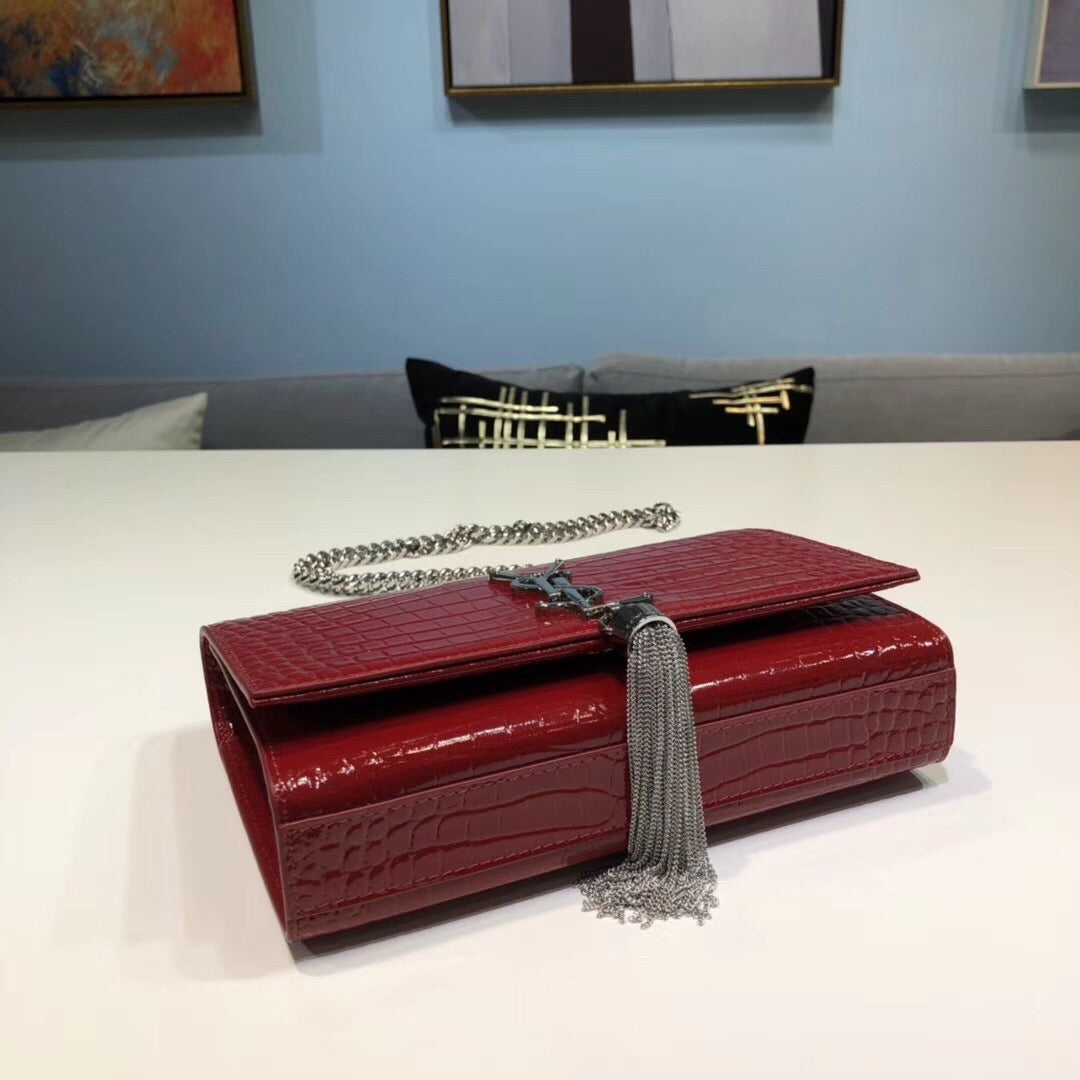 Top Quality Kate Small Chain Bag With Tassel In Embossed Burgundy For Women 7.8in/20cm YSL 