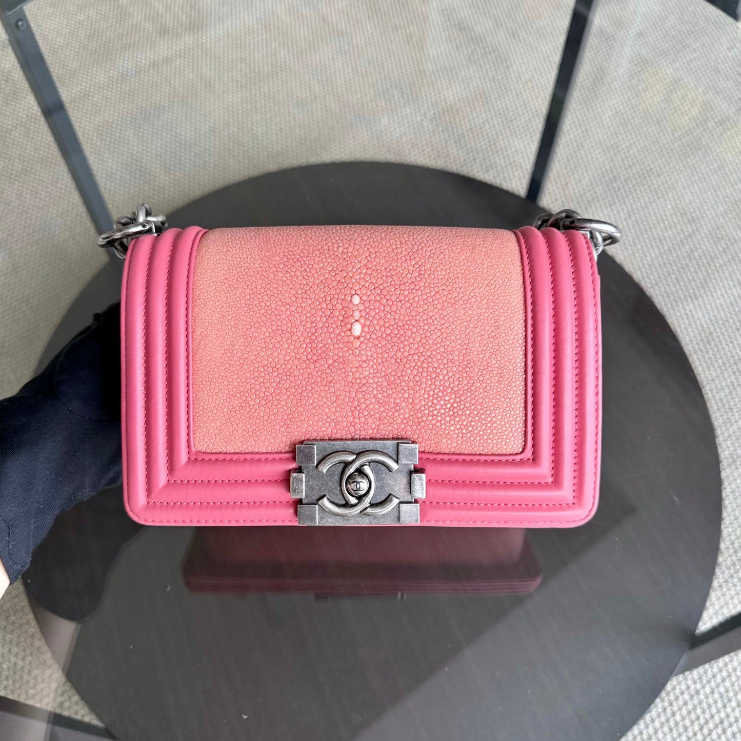 Chanel Boy Small - Stingray Pink Ruthenium Silver Hardware Series 18