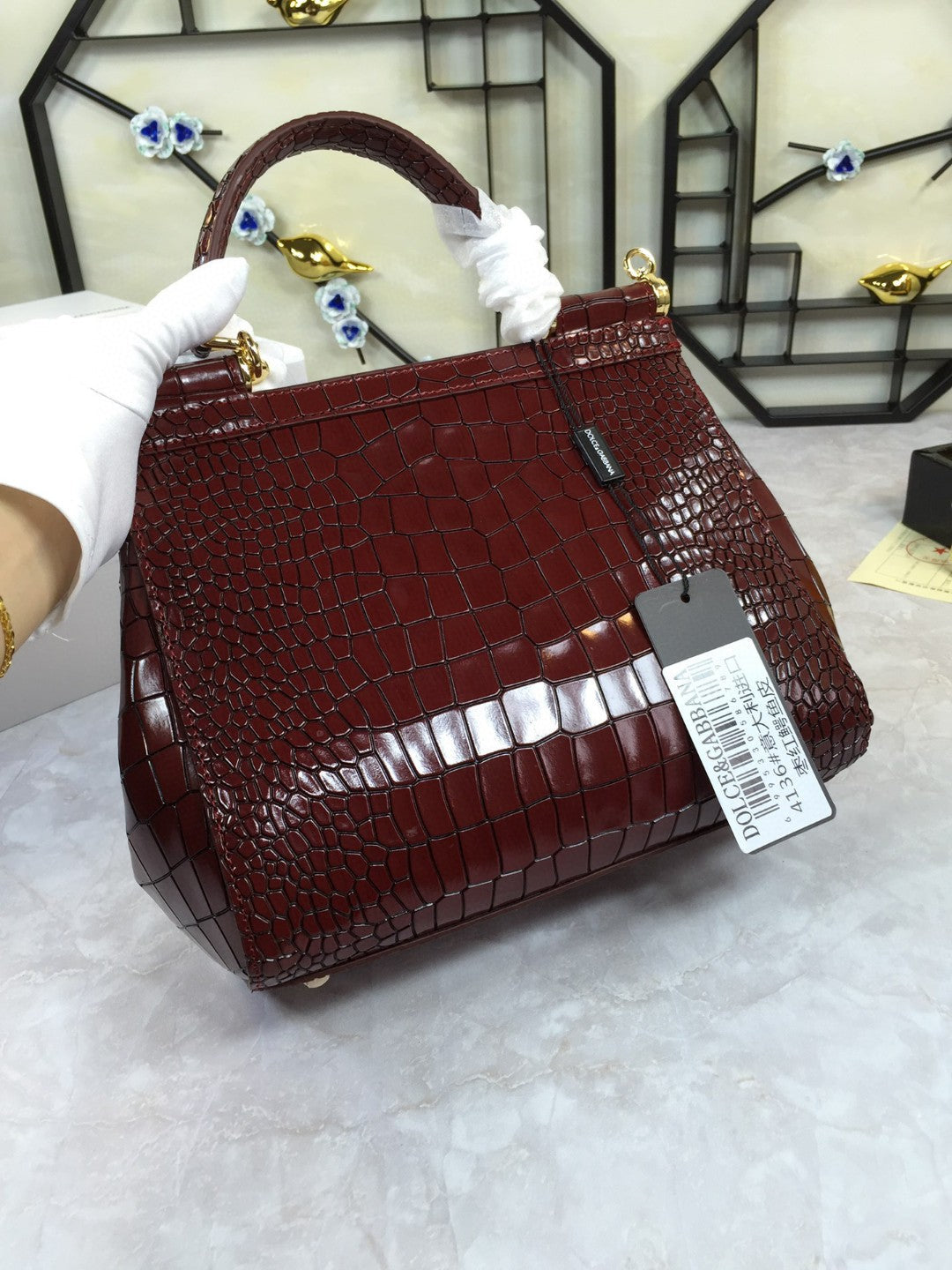 Top Quality Medium Sicily Bag In Foiled Crocodile-Print Burgundy For Women 10.2in/26cm Top Quality