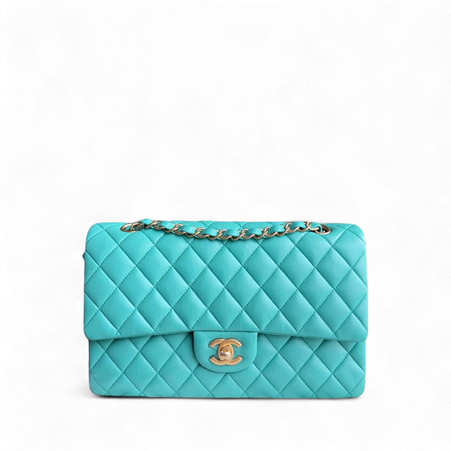 Chanel Classic Flap Medium - 25CM Quilted Lambskin Cyan Blue Gold Hardware Series 27