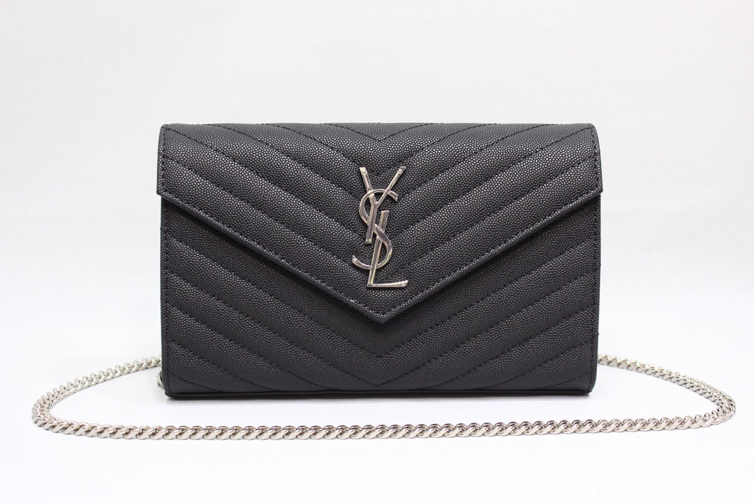 Top Quality Cassandre Matelassé Chain Wallet In Grain De Poudre Embossed Black For Women 8.8in/23cm YSL 377828BOW021000