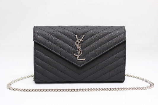 Top Quality Cassandre Matelassé Chain Wallet In Grain De Poudre Embossed Black For Women 8.8in/23cm YSL 377828BOW021000