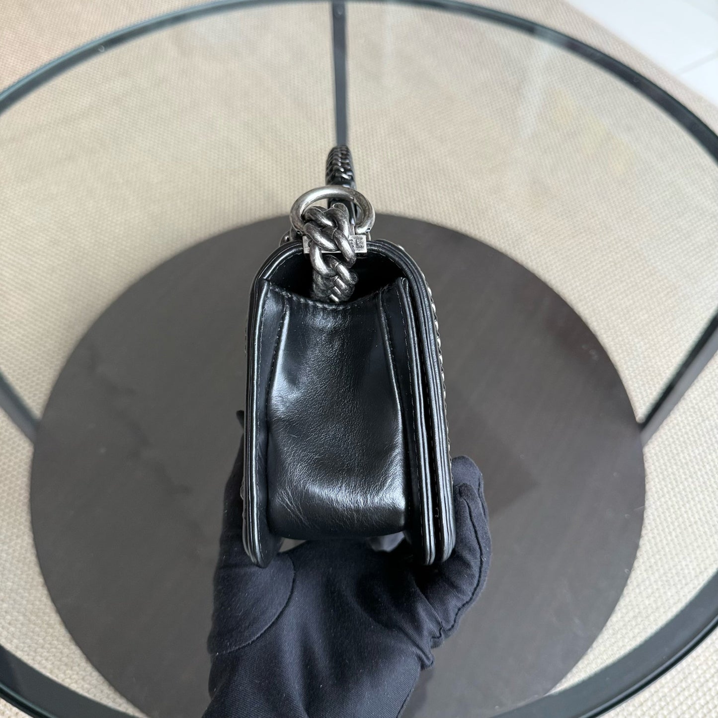 Chanel Boy Small Handle - 20CM Calfskin Chain Around Top Handle Limited Edition Black Ruthenium Silver Hardware Series 21