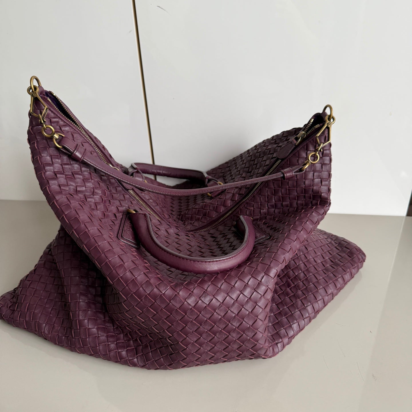 Bottega Veneta Maxi Convertible Tote Bag Wine Burgundy Leather Gold Hardware 50cm