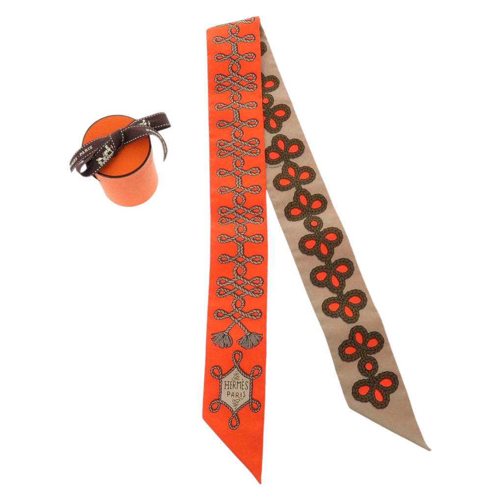 HERMES scarf silk Orange Twilly Galons et Brandebourgs Aiguillette and Brandenburg decoration
