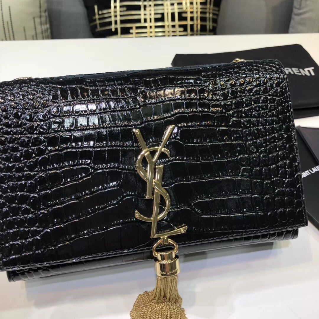 Top Quality Kate Small Chain Bag With Tassel In Embossed Black For Women 7.8in/20cm YSL 474366DND0J1000