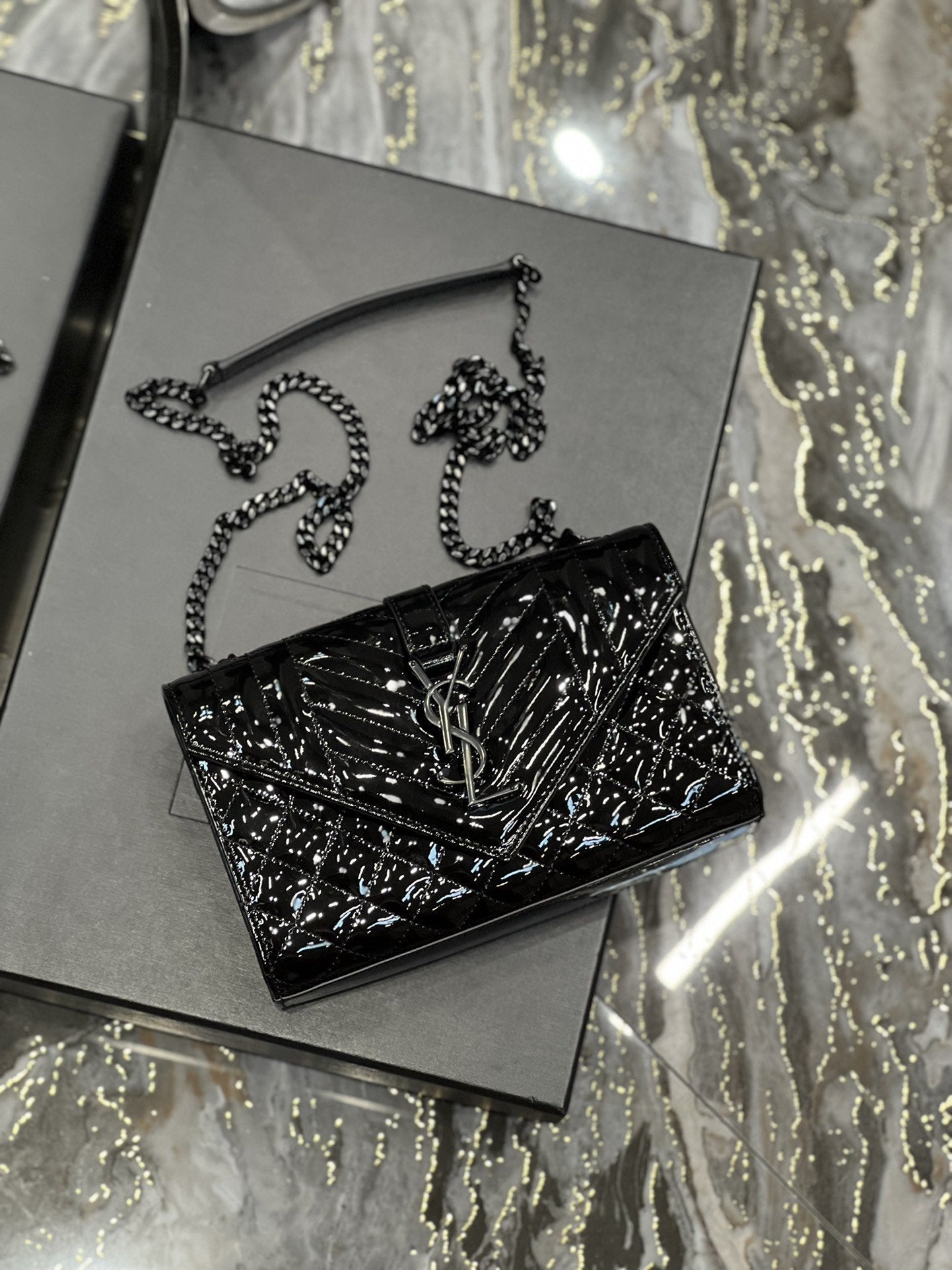 Top Quality Envelope Small Bag Black In Mix Matelassé Grain De Poudre Embossed Material For Women 8.2in/21cm YSL