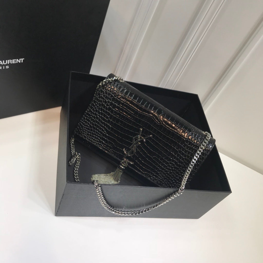 Top Quality Kate MeTop Qualityum Chain Bag With Tassel In Embossed CrocoTop Qualityle Black For Women 9.4in/24cm YSL 354119DND0N1000