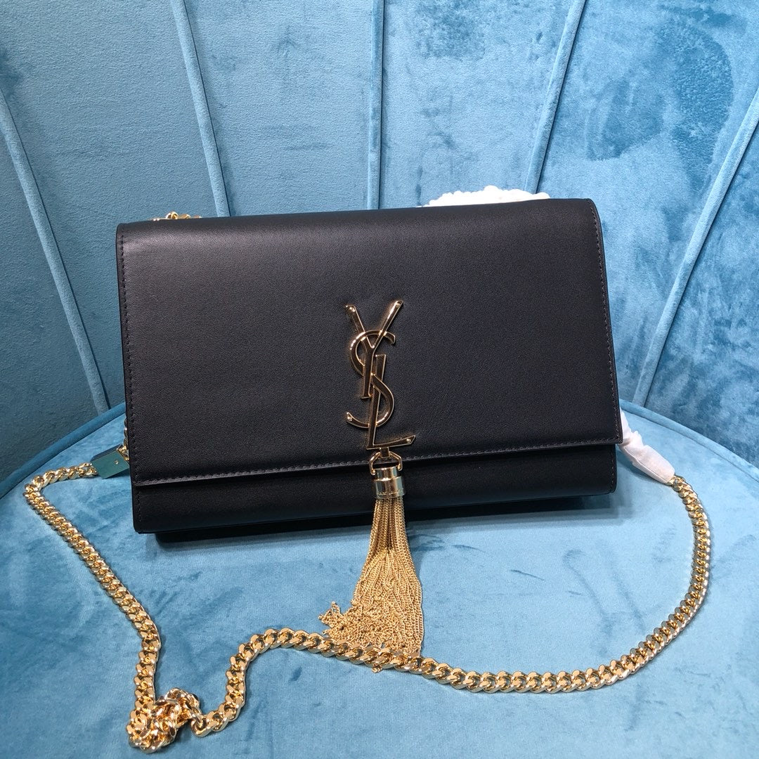Top Quality Kate MeTop Qualityum Chain Bag With Tassel In Grain De Poudre Black For Women 9.4in/24cm YSL 354119BOW0J1000