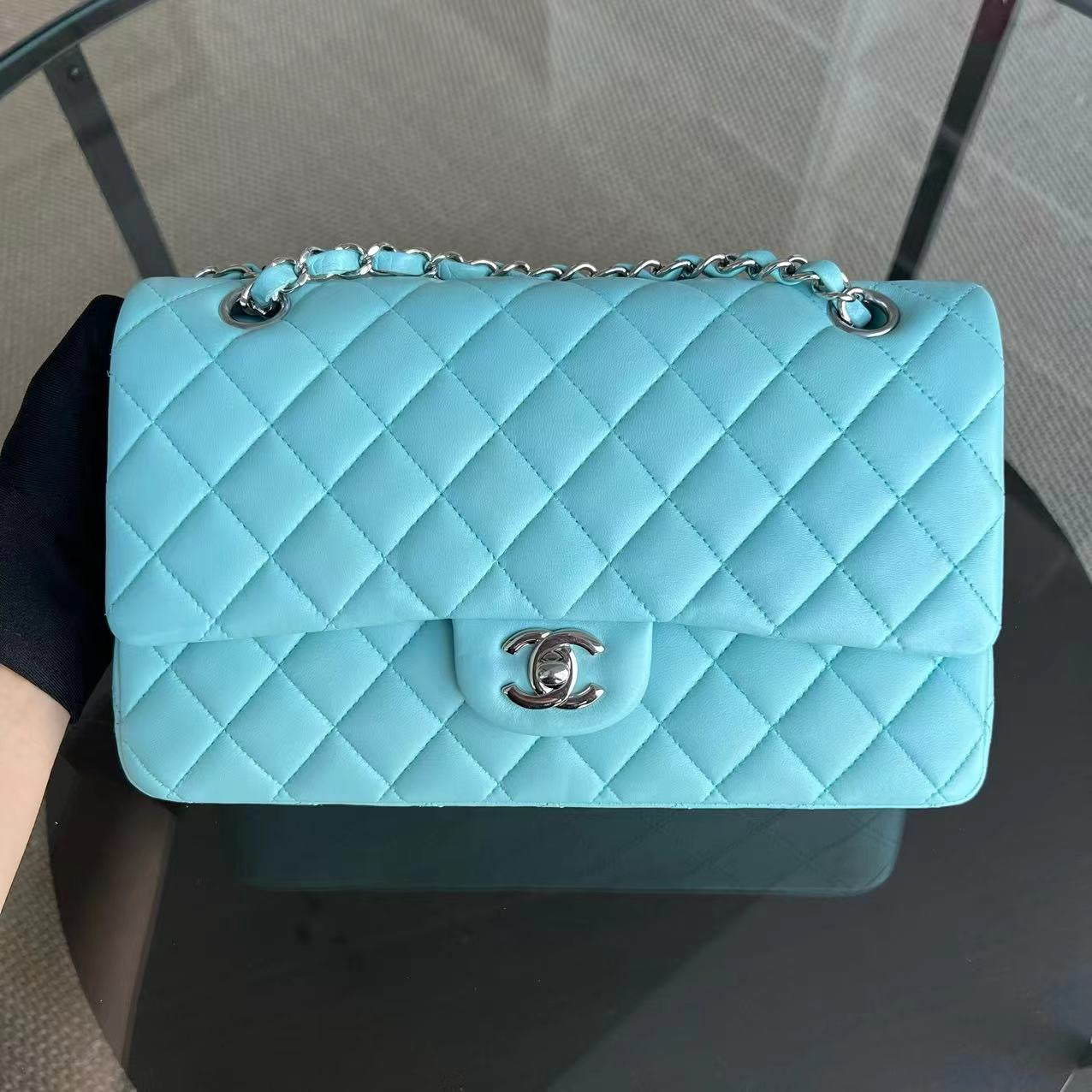 Chanel Classic Flap Medium - 25CM Quilted Lambskin Light Blue Silver Hardware Series 27