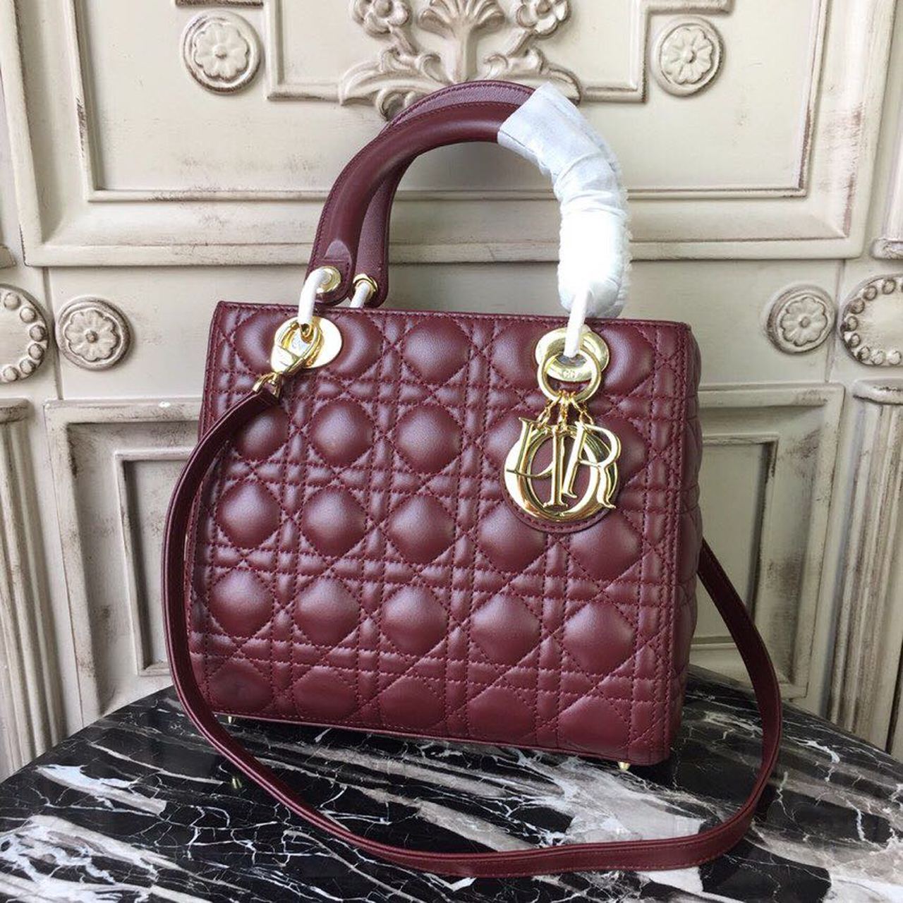 Top Quality MeTop Qualityum Lady Bag Gold Toned Hardware Burgundy For Women 24cm/9in CD