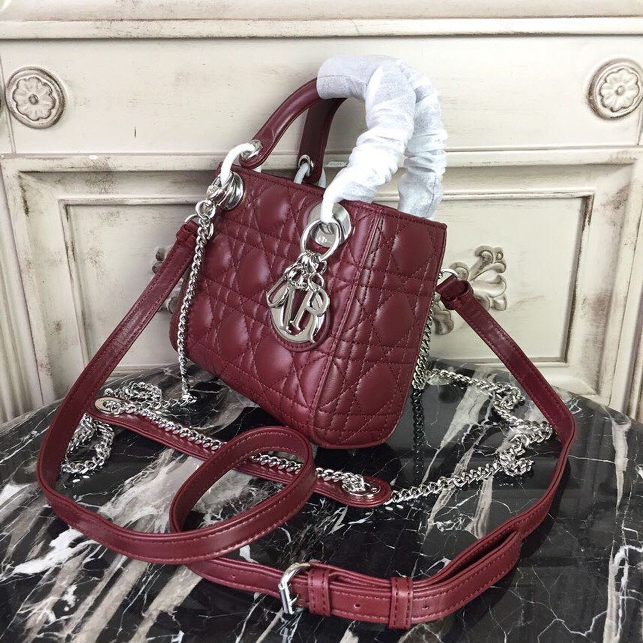 Top Quality Mini Lady Bag with Chain Silver Hardware Burgundy For Women 6.5in/17cm CD