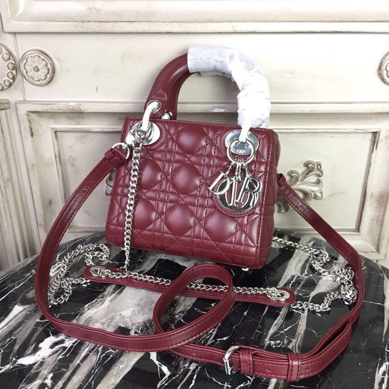 Top Quality Mini Lady Bag with Chain Silver Hardware Burgundy For Women 6.5in/17cm CD