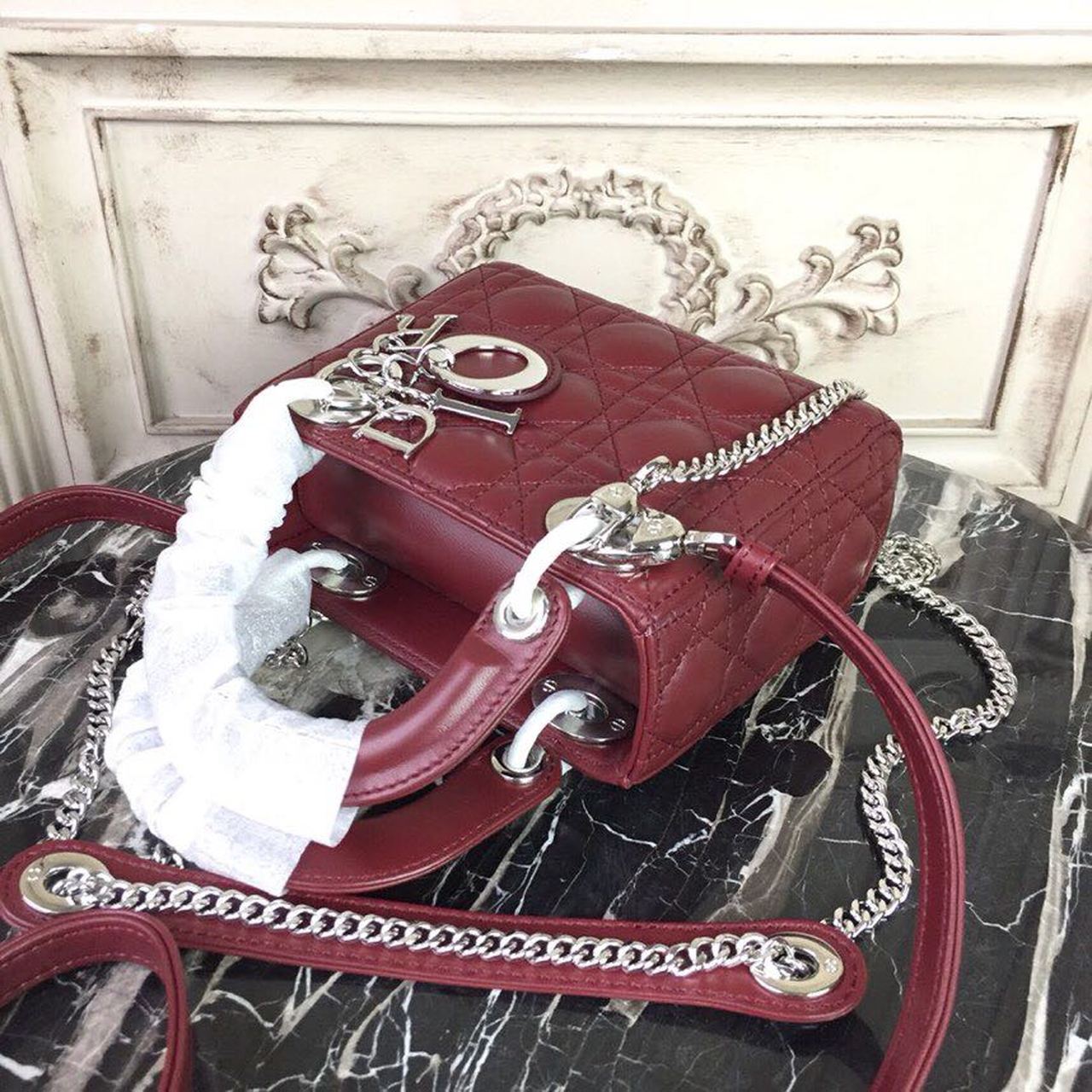 Top Quality Mini Lady Bag with Chain Silver Hardware Burgundy For Women 6.5in/17cm CD