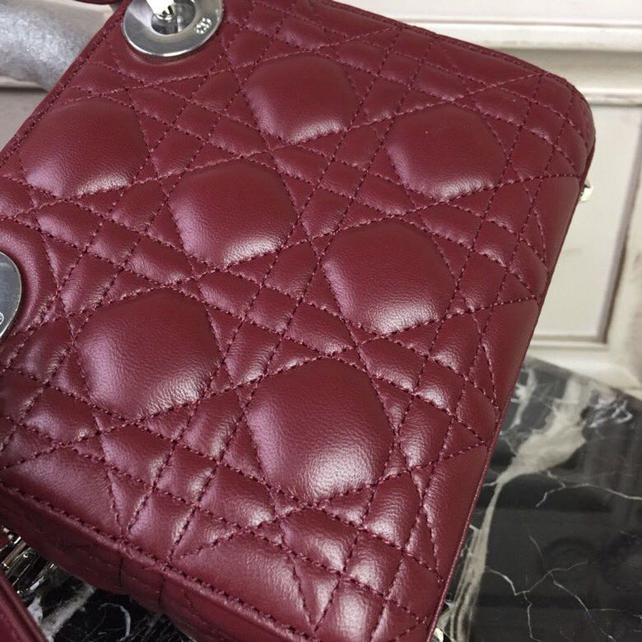 Top Quality Mini Lady Bag with Chain Silver Hardware Burgundy For Women 6.5in/17cm CD