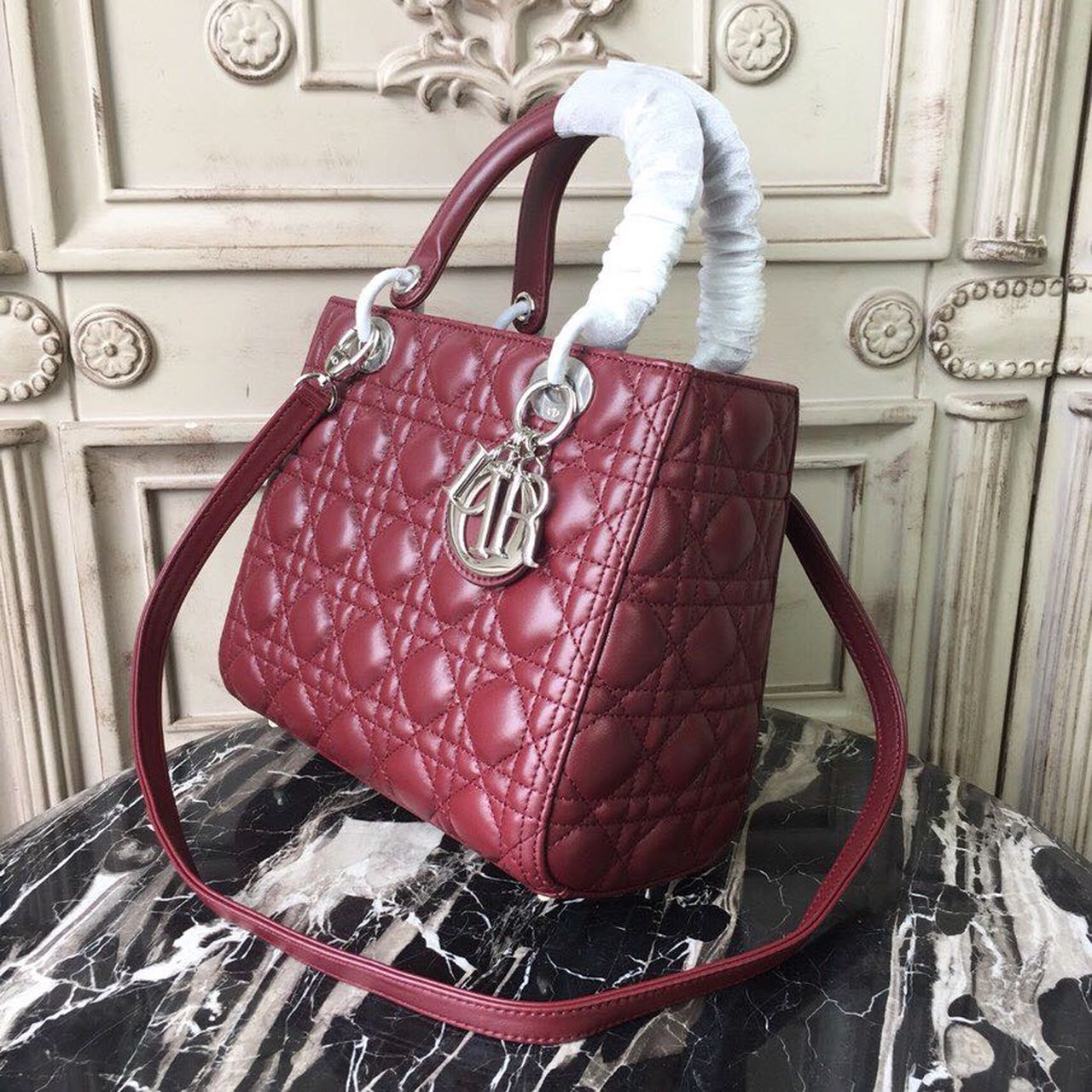 Top Quality MeTop Qualityum Lady Bag Silver Hardware Burgundy For Women 9.5in/24cm CD