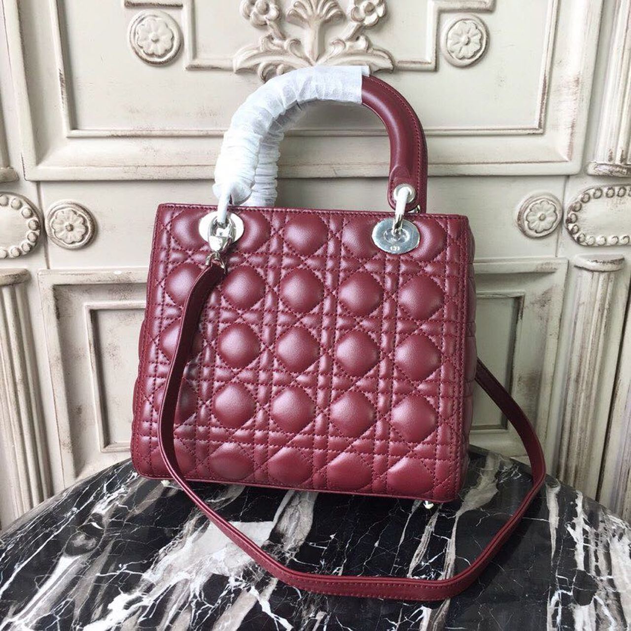 Top Quality MeTop Qualityum Lady Bag Silver Hardware Burgundy For Women 9.5in/24cm CD