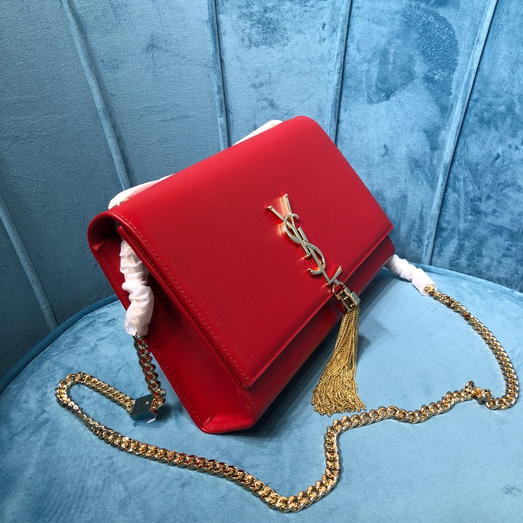 Top Quality Kate MeTop Qualityum Chain Bag With Tassel In Grain De Poudre Red For Women 9.4in/24cm YSL