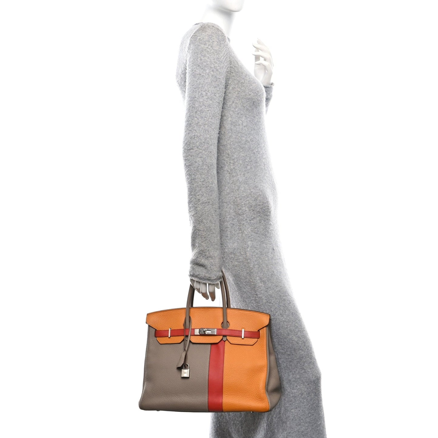 Hermes Taurillon Clemence Swift Tri-Color Birkin 35 Sanguine Gris Tourterelle Moutarde