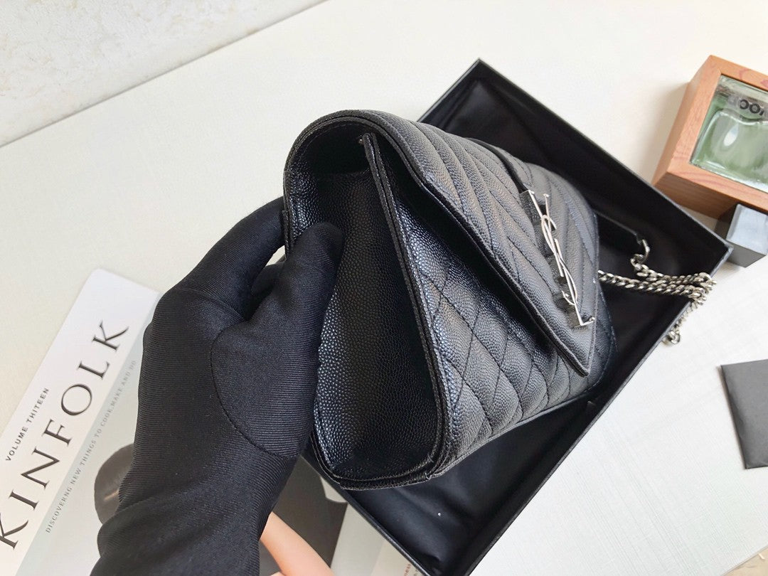 YSSL Envelope Small Bag In Mix Matelassé Grain De Poudre Black For Women 8in/21cm YSL 600195BOW921000