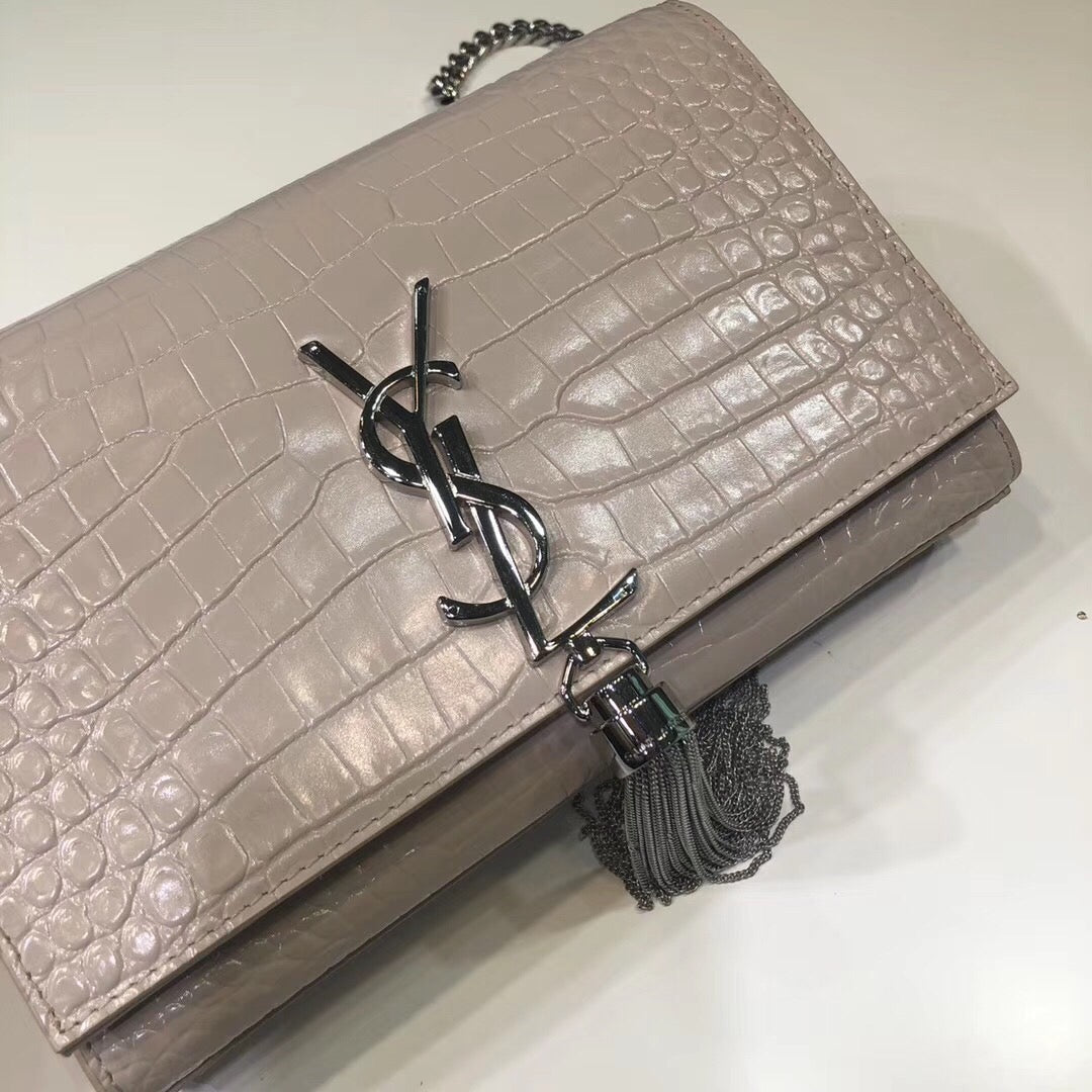 Top Quality Kate Small Chain Bag With Tassel In Embossed Beige For Women 7.8in/20cm YSL 