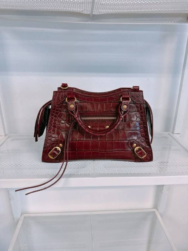 Luxury Balenciaga Trending 2025 Women s Burgundy Neo Classic Croc Calf Leather Mini City Bag 638524 23EF1 6526