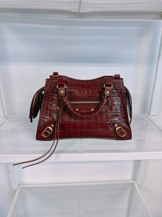 Luxury Balenciaga Trending 2025 Women s Burgundy Neo Classic Croc Calf Leather Mini City Bag 638524 23EF1 6526